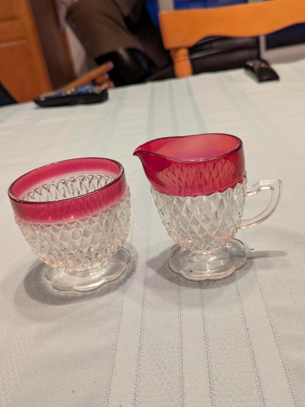 Vintage cranberry diamond point sugar and creamer